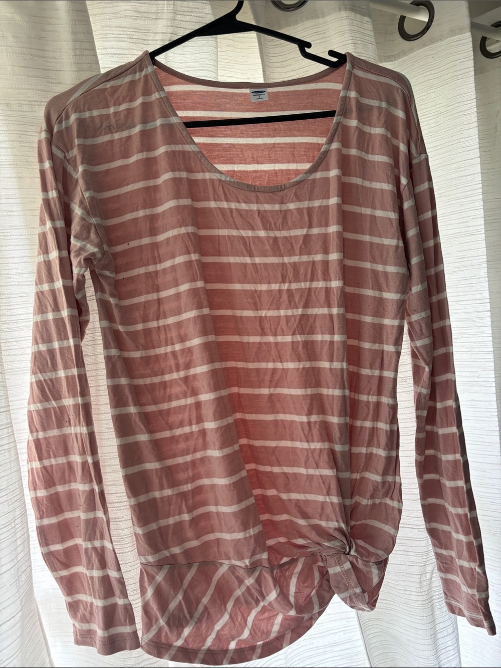 Old Navy Maternity Dusty Pink and White Striped Long-Sleeve Knot Hem Tee